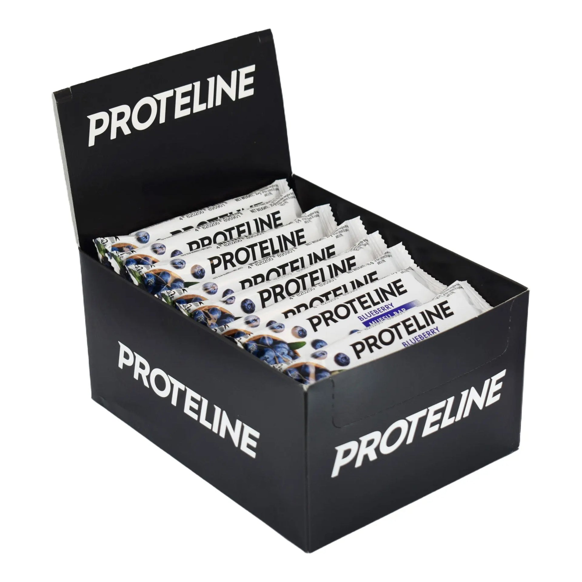 Baton – musli z borówkami, częściowo oblany polewą cukierniczą (25 g) Baton proteinowy