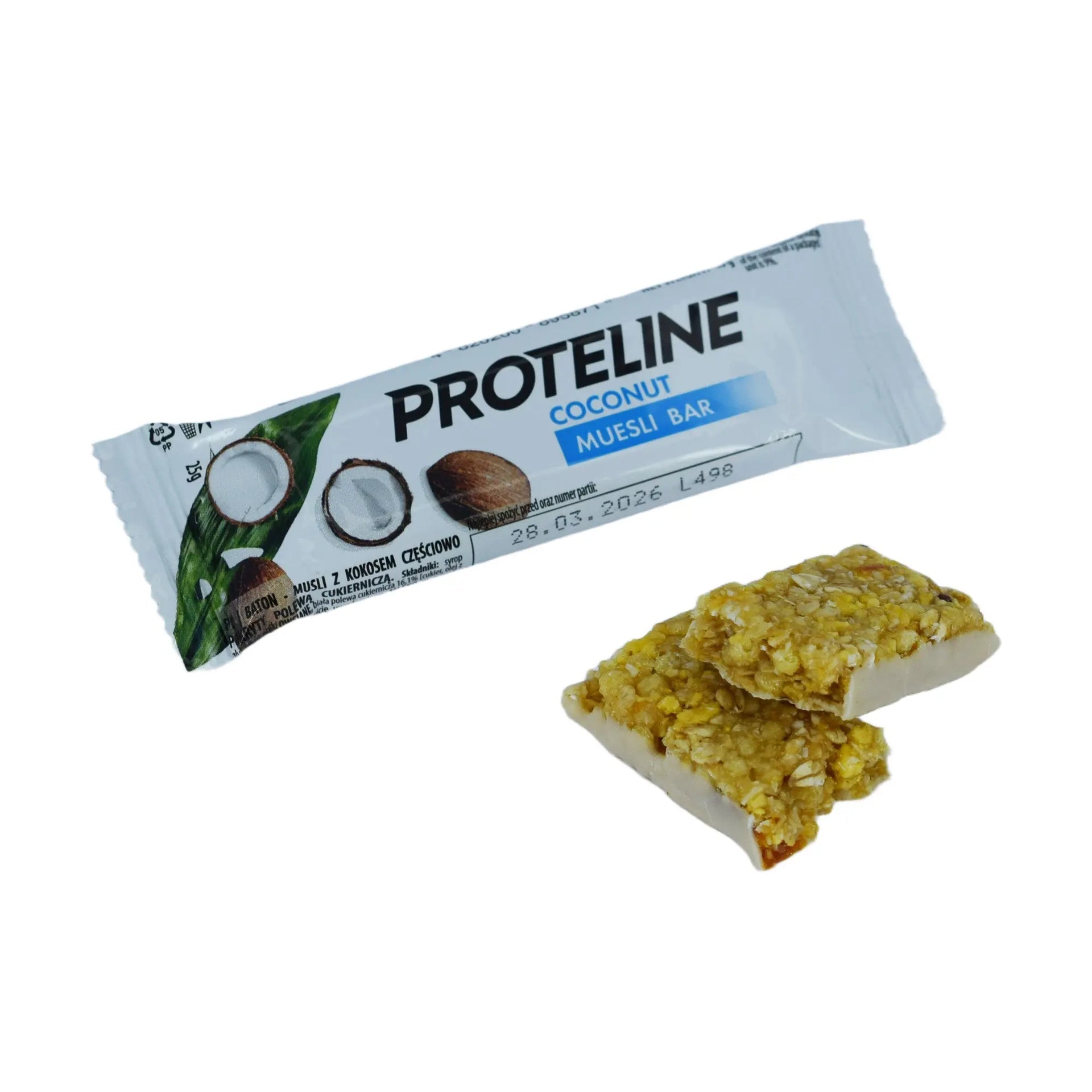 Baton – musli z kokosem, częściowo oblany polewą cukierniczą (25g) Baton proteinowy