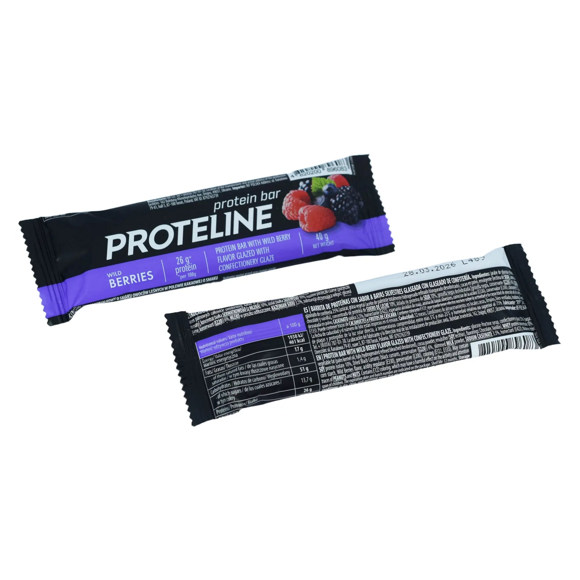 PROTELINE - Baton proteinowy o smaku owoców leśnych, oblany polewą cukierniczą (40 g) PROTELINE