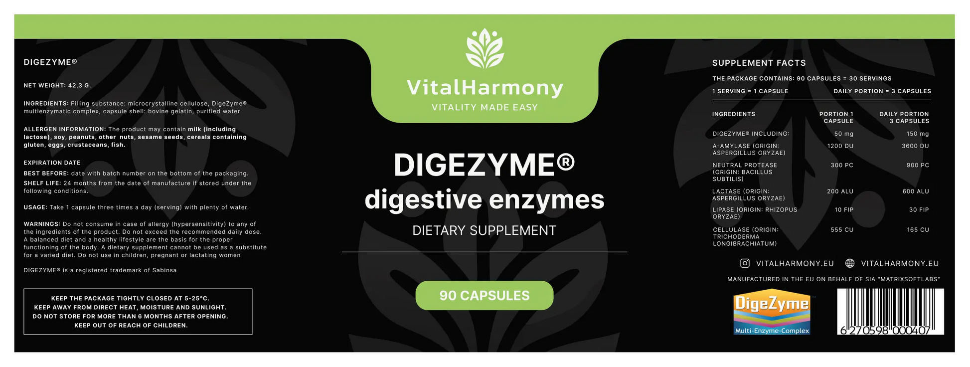 VitalHarmony DigeZyme® enzymy trawienne 90 kapsułek VitalHarmony